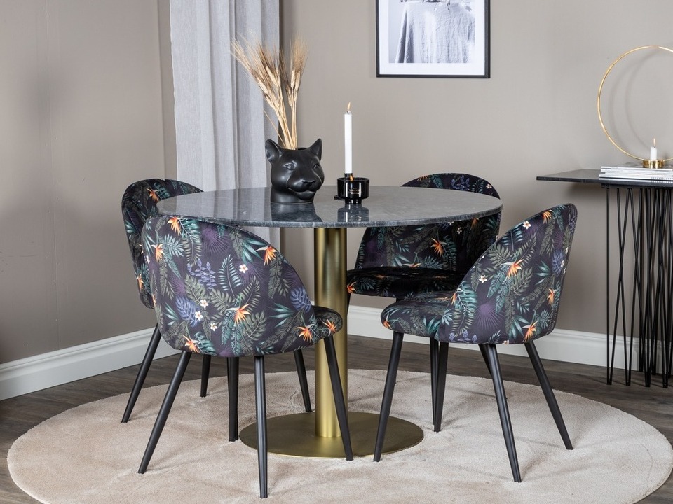 Borðstofusett Dallas 1219 (Blómamynstur + Svartur)