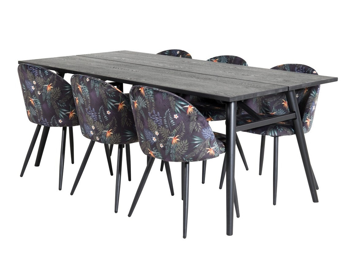 Borðstofusett Dallas 1676 (Blómamynstur + Svartur)