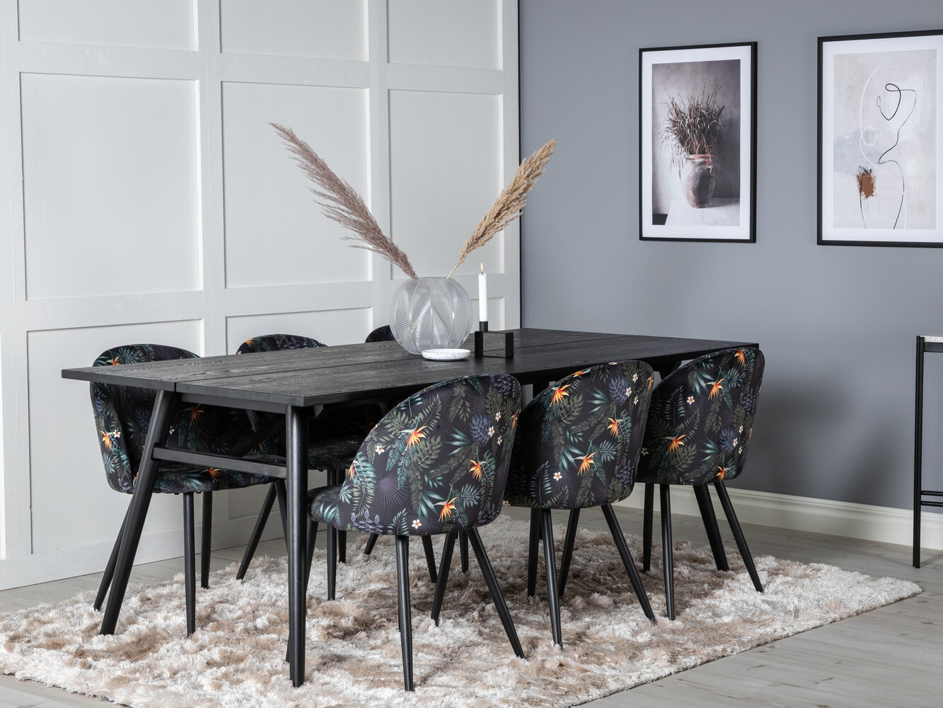 Borðstofusett Dallas 1676 (Blómamynstur + Svartur)