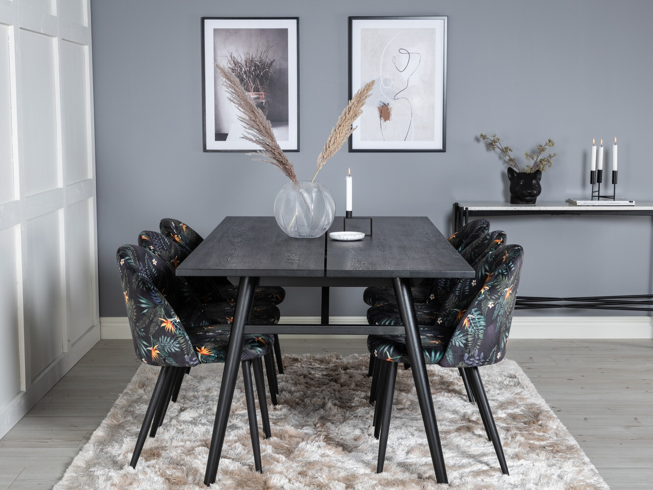 Borðstofusett Dallas 1676 (Blómamynstur + Svartur)