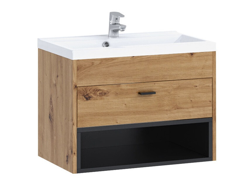 Veggfestur baðherbergisskápur fyrir handlaug Velum (Artisan-eik + Svartur)