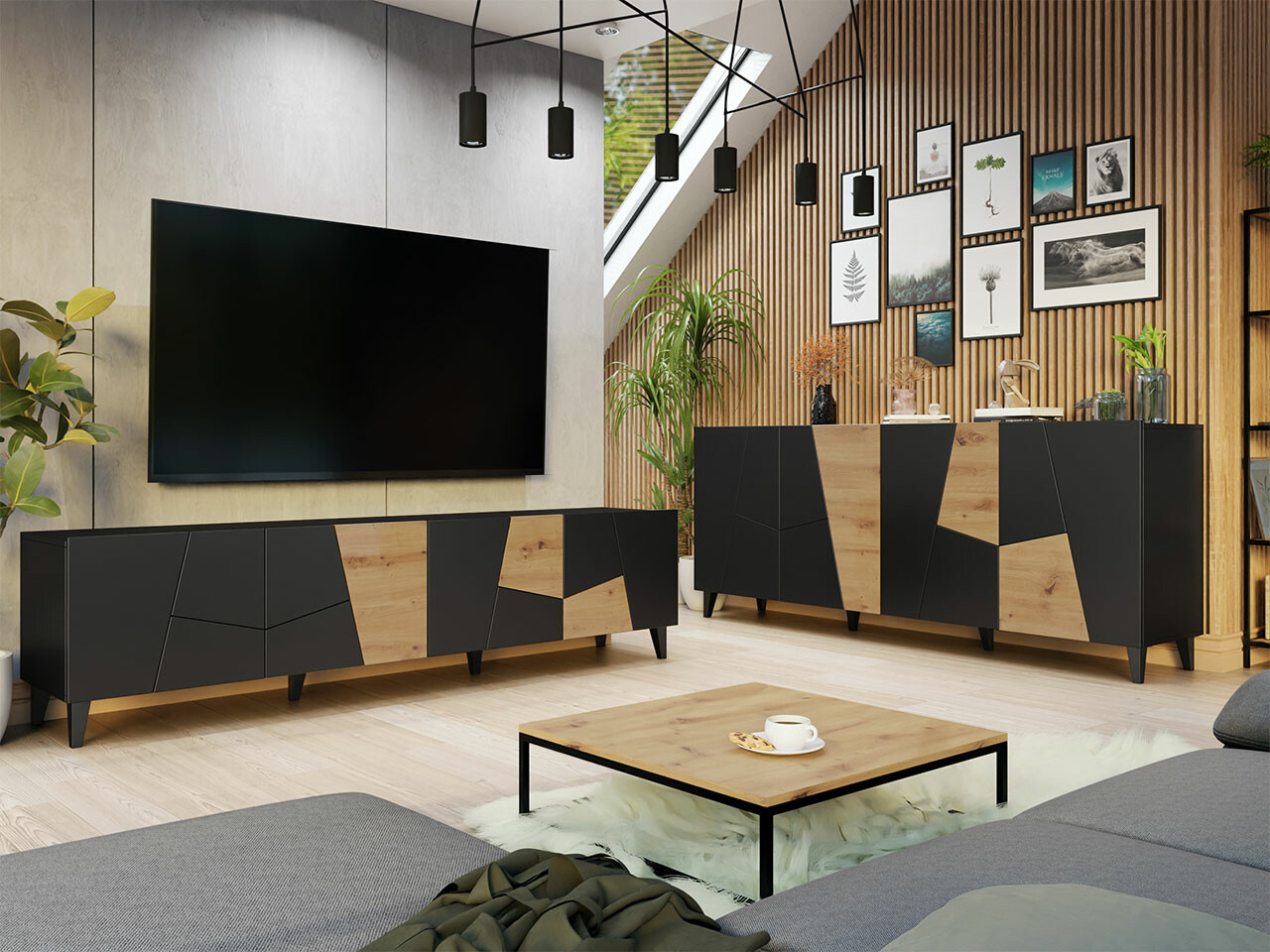 Stofusett Charlotte 182 (Svartur + Craft eik)