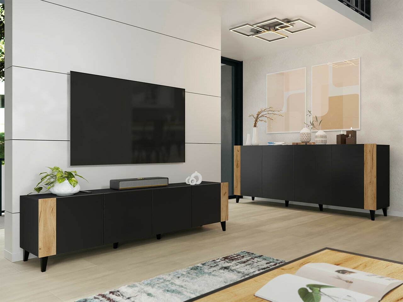 Stofusett Charlotte 185 (Svartur + Craft eik)