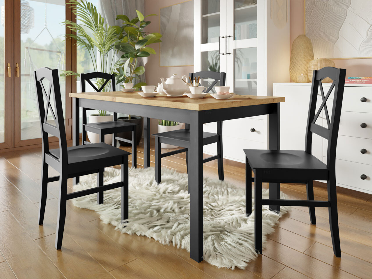 Borðstofusett Victorville 280 (Svartur + Artisan-eik)