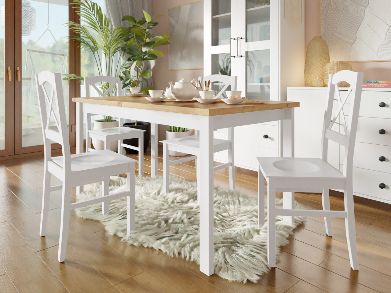 Borðstofusett Victorville 281 (Hvítur + Artisan-eik)