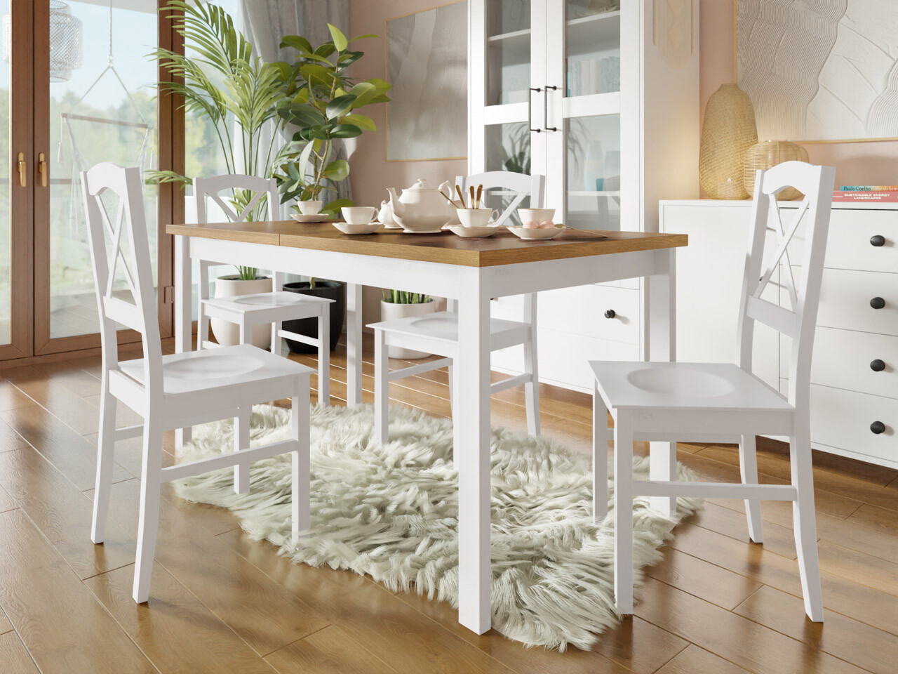 Borðstofusett Victorville 281 (Hvítur + Grandson-eik)