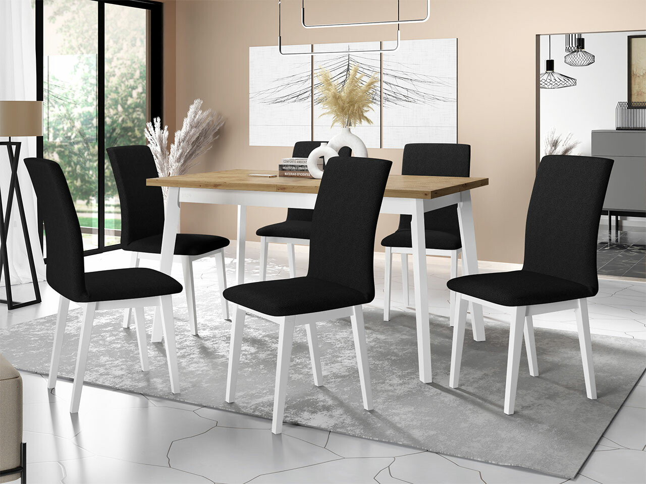 Borðstofusett Victorville 285 (Artisan-eik + Hvítur)
