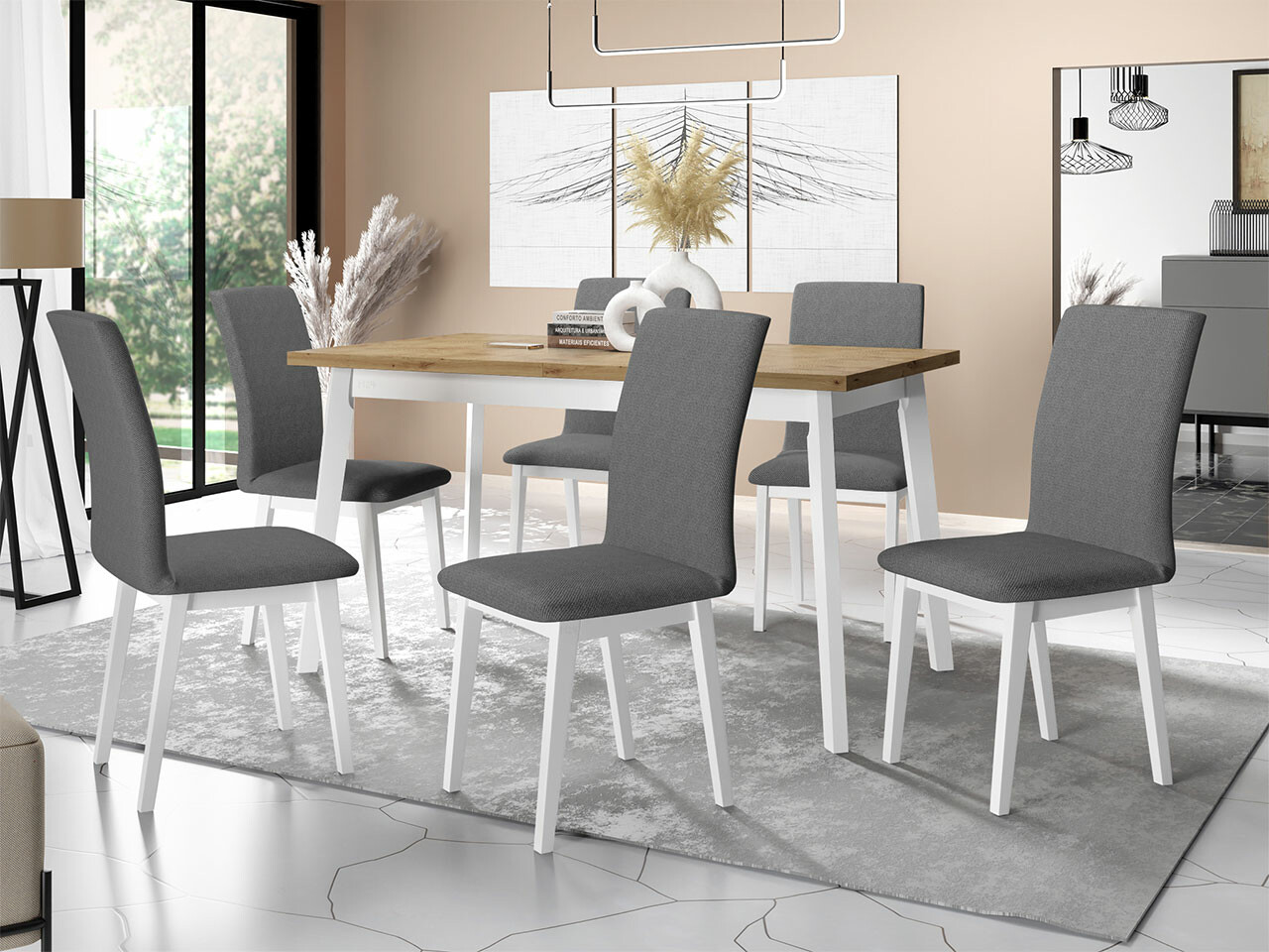 Borðstofusett Victorville 285 (Artisan-eik + Hvítur)