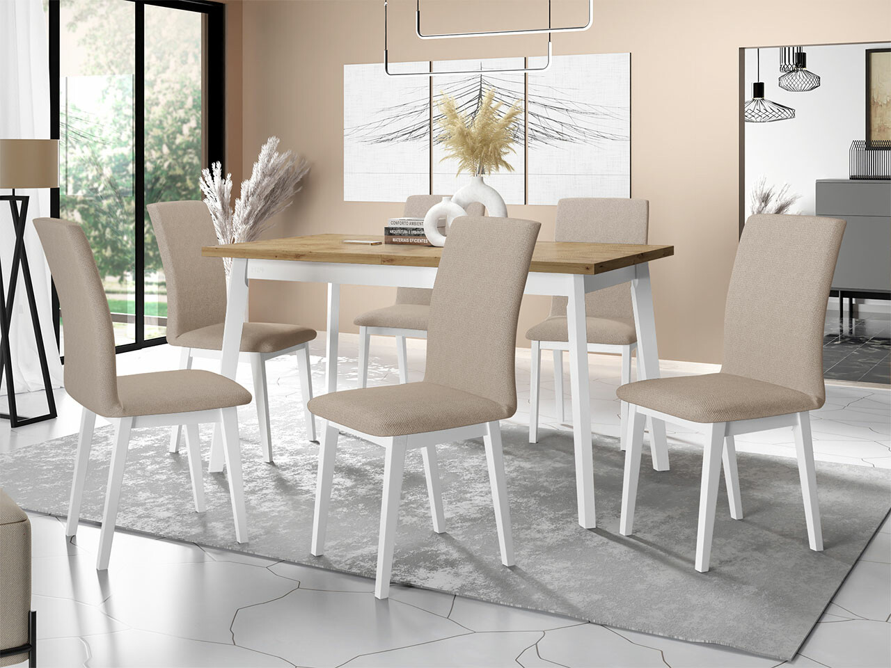 Borðstofusett Victorville 285 (Artisan-eik + Hvítur)