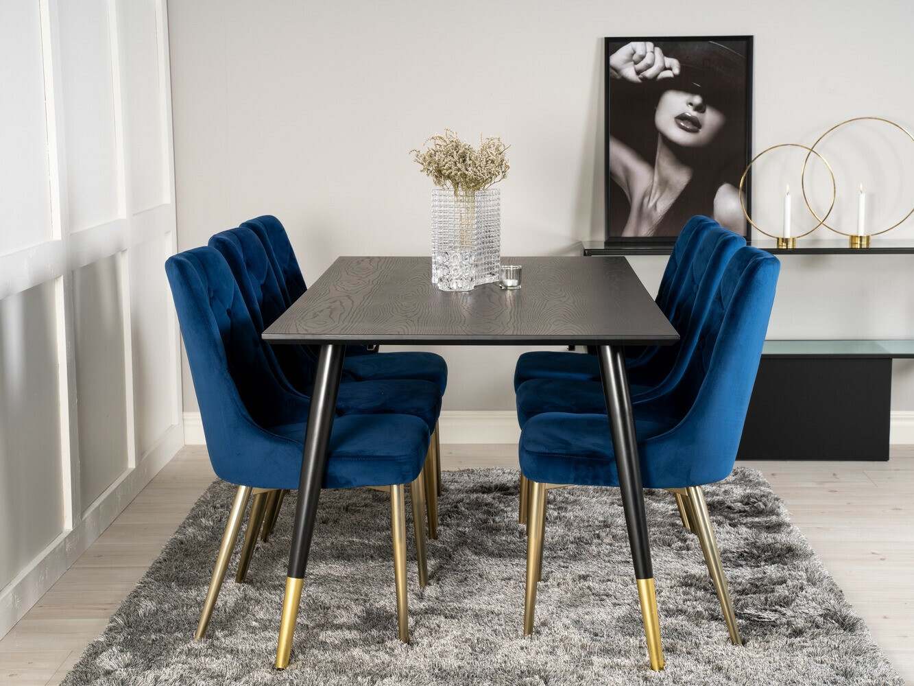 Borðstofusett Dallas 1256 (Blár + Gylltur)