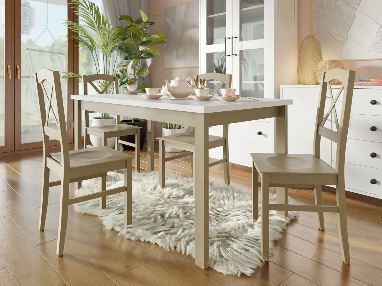 Borðstofusett Victorville 286 (Sonoma-eik + Hvítur)