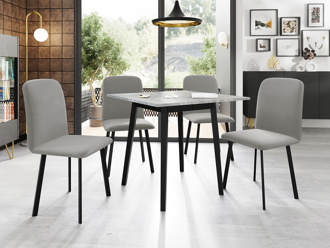 Borðstofusett Edmond 116 (Grár marmari + Svartur)
