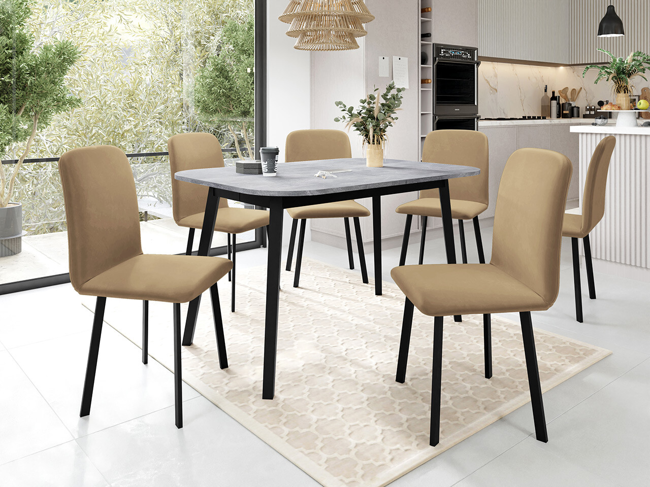 Borðstofusett Edmond 117 (Grár marmari + Svartur)