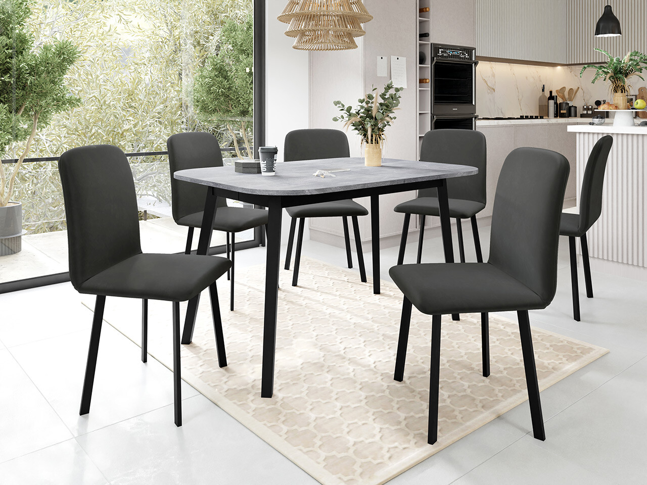 Borðstofusett Edmond 117 (Grár marmari + Svartur)