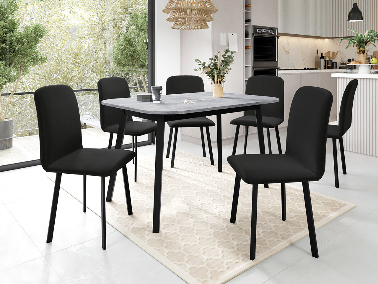 Borðstofusett Edmond 117 (Grár marmari + Svartur)