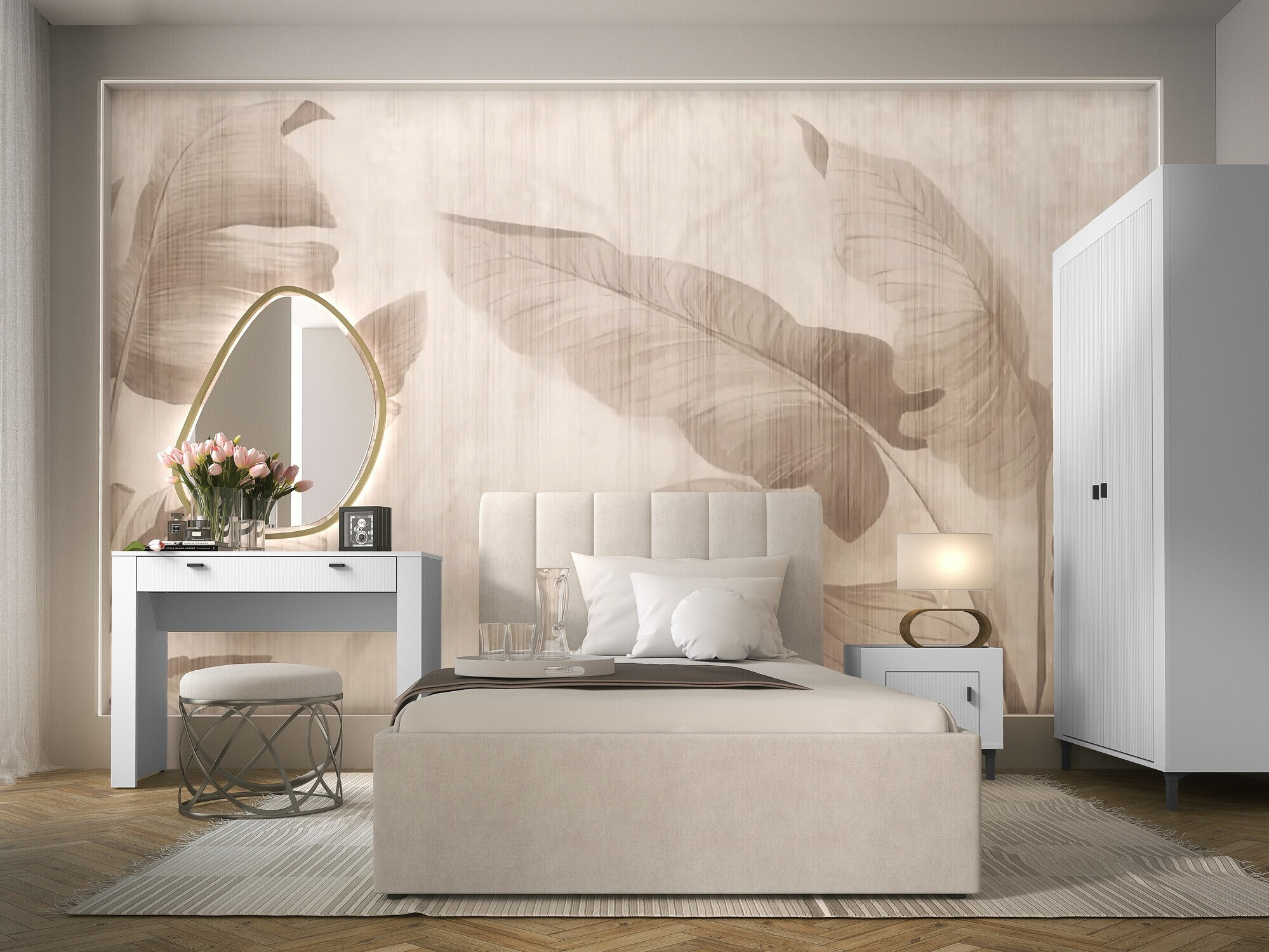 Svefnherbergissett Mormavu 112 (Matt hvítur + Beige)