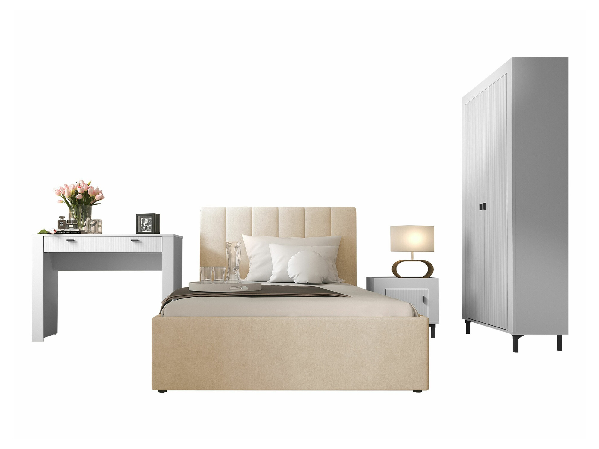 Svefnherbergissett Mormavu 112 (Matt hvítur + Beige)
