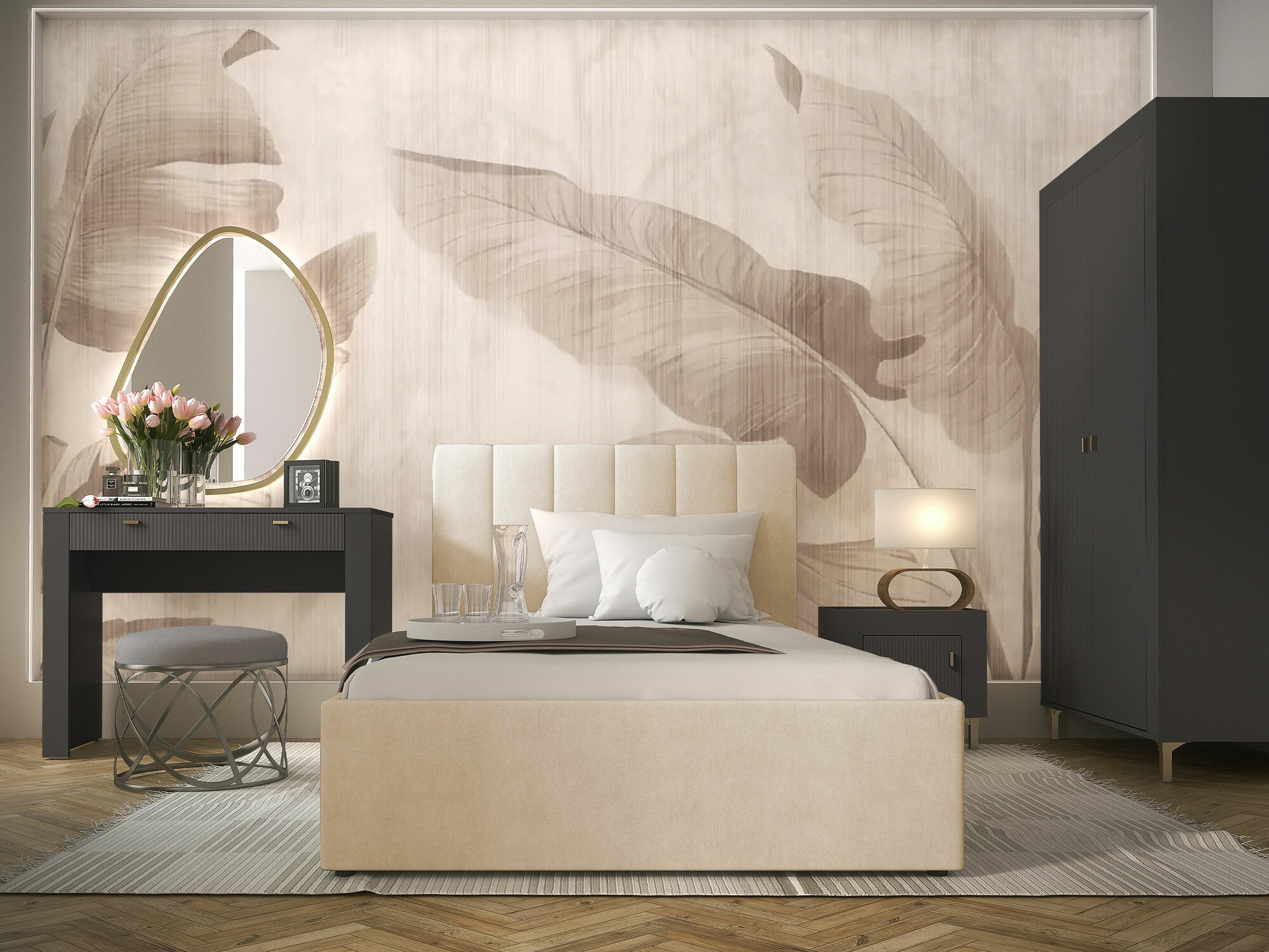 Svefnherbergissett Mormavu 112 (Matt svart + Beige)