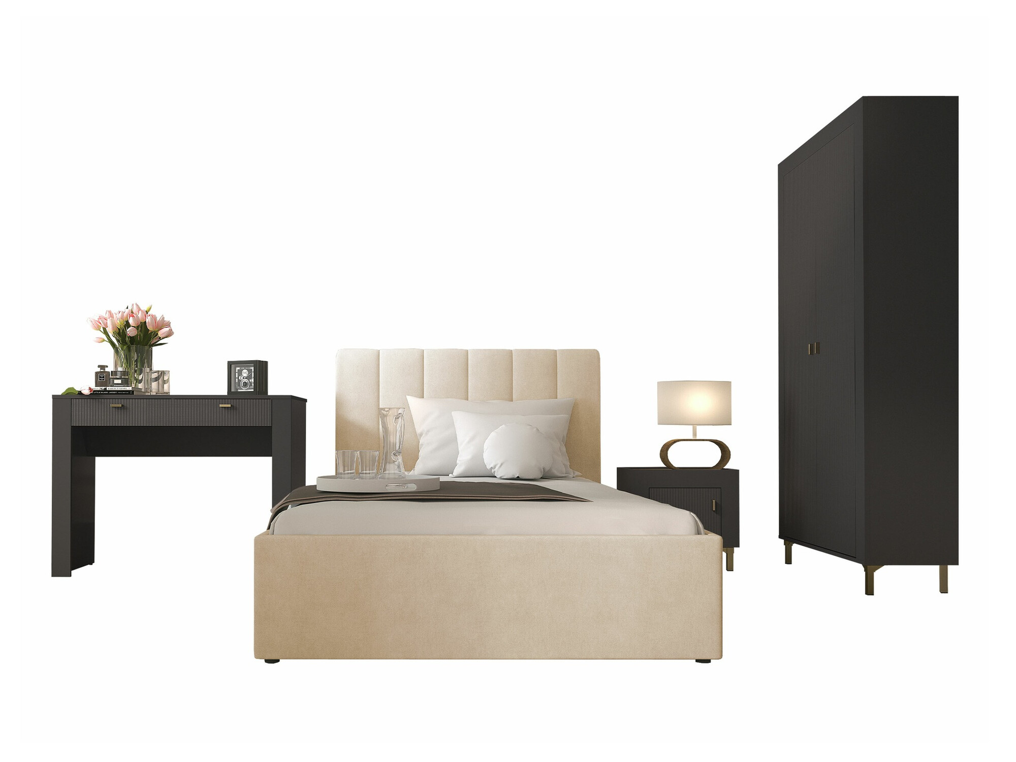 Svefnherbergissett Mormavu 112 (Matt svart + Beige)