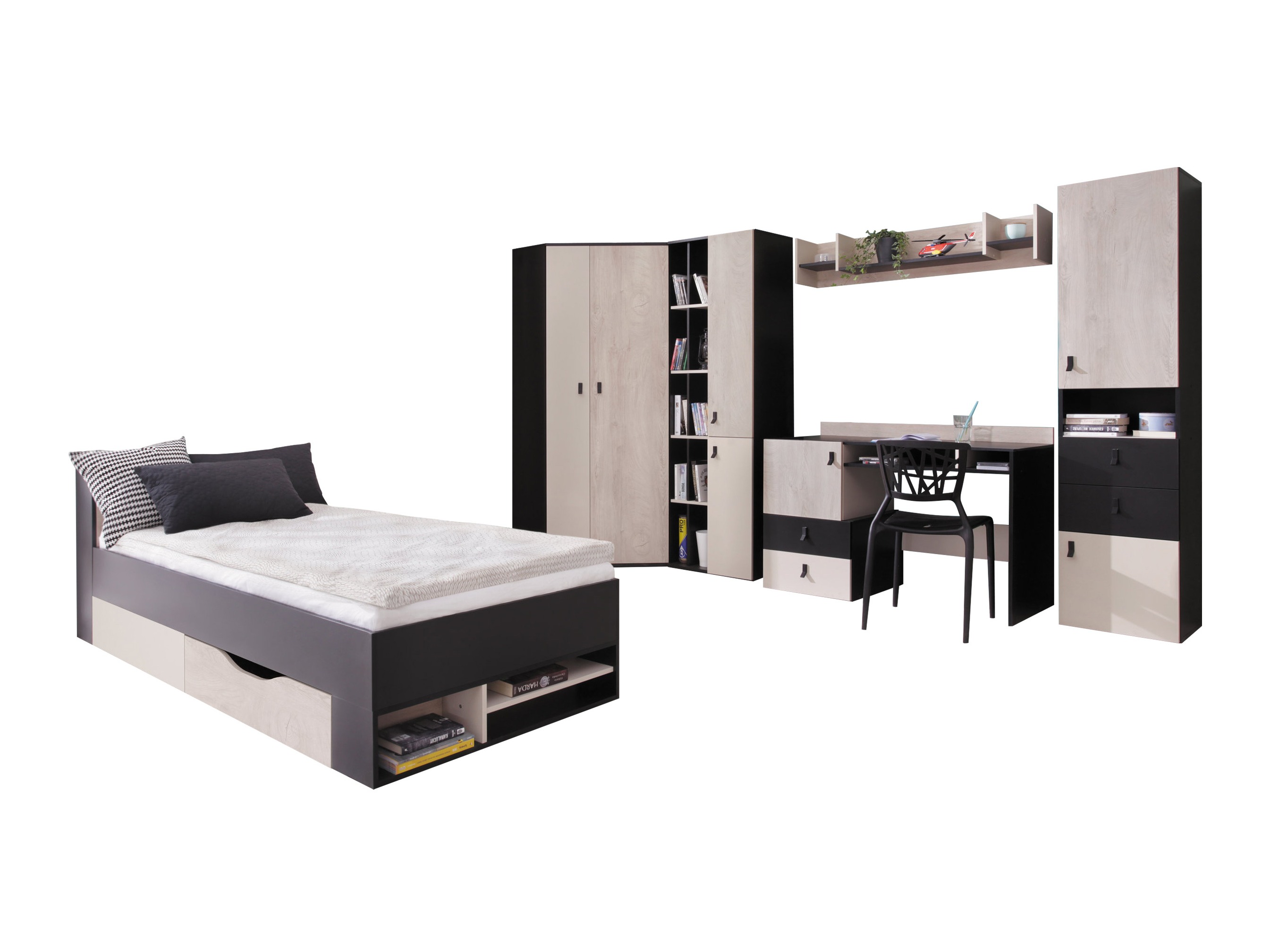 Barnaherbergissett Camteso 114 (Svartur + Eik + Beige)