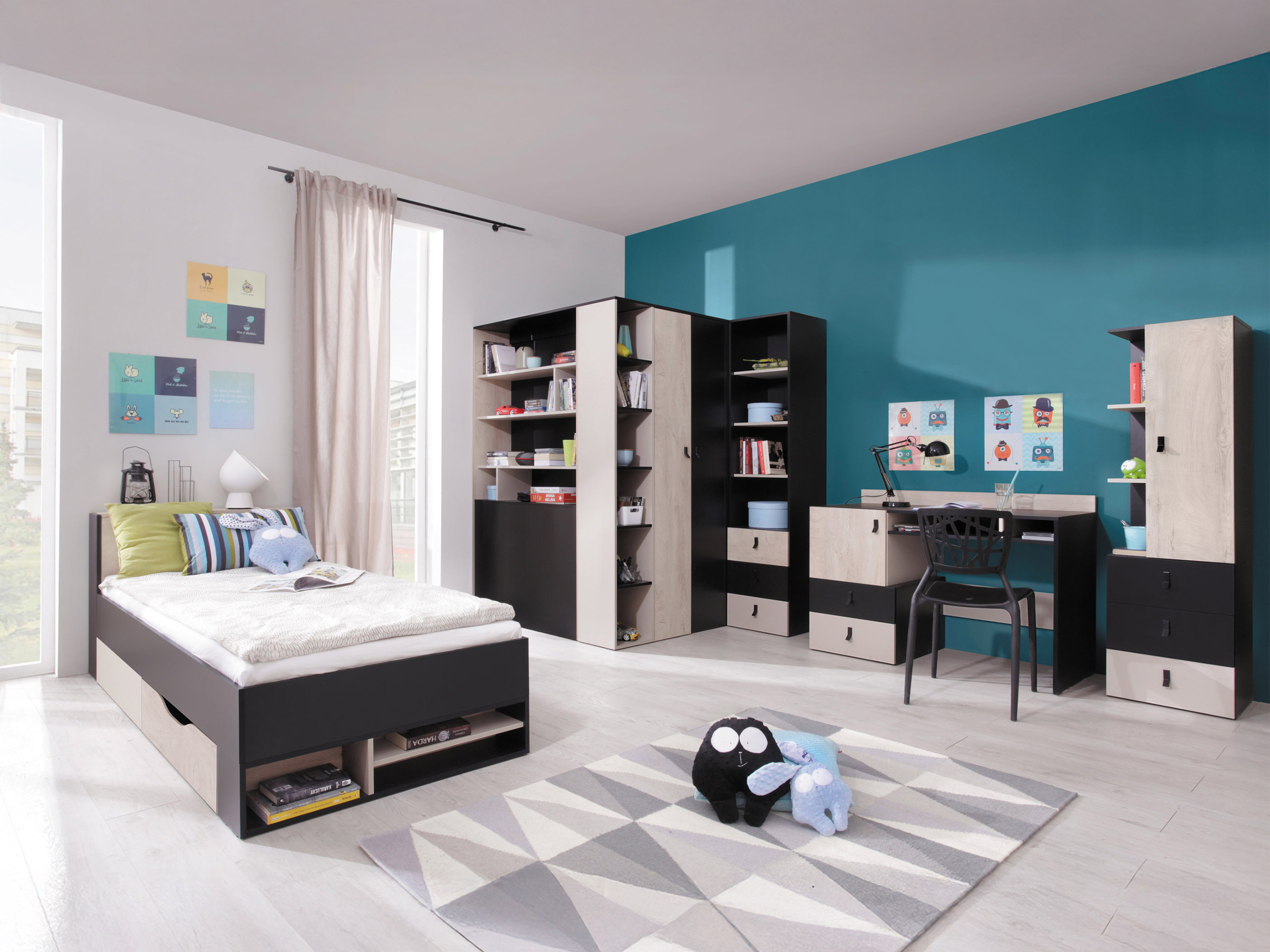 Barnaherbergissett Camteso 115 (Svartur + Eik + Beige)