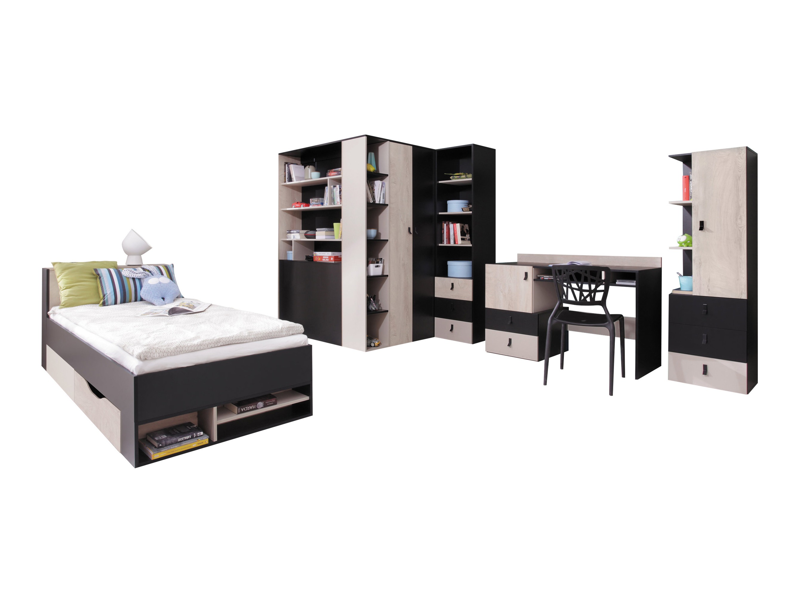 Barnaherbergissett Camteso 115 (Svartur + Eik + Beige)