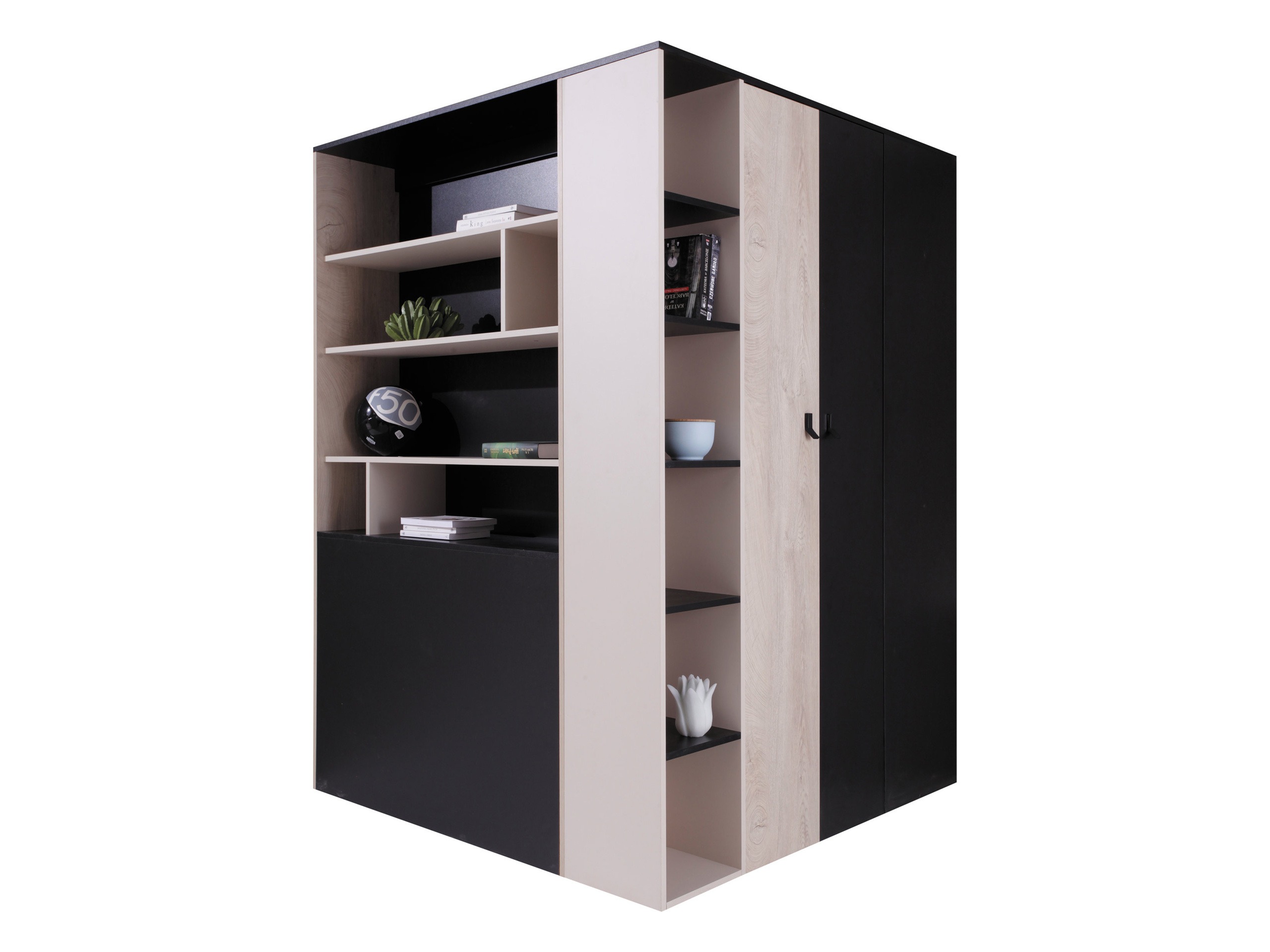 Hornfataskápur Camteso 113 (Svartur + Eik + Beige)