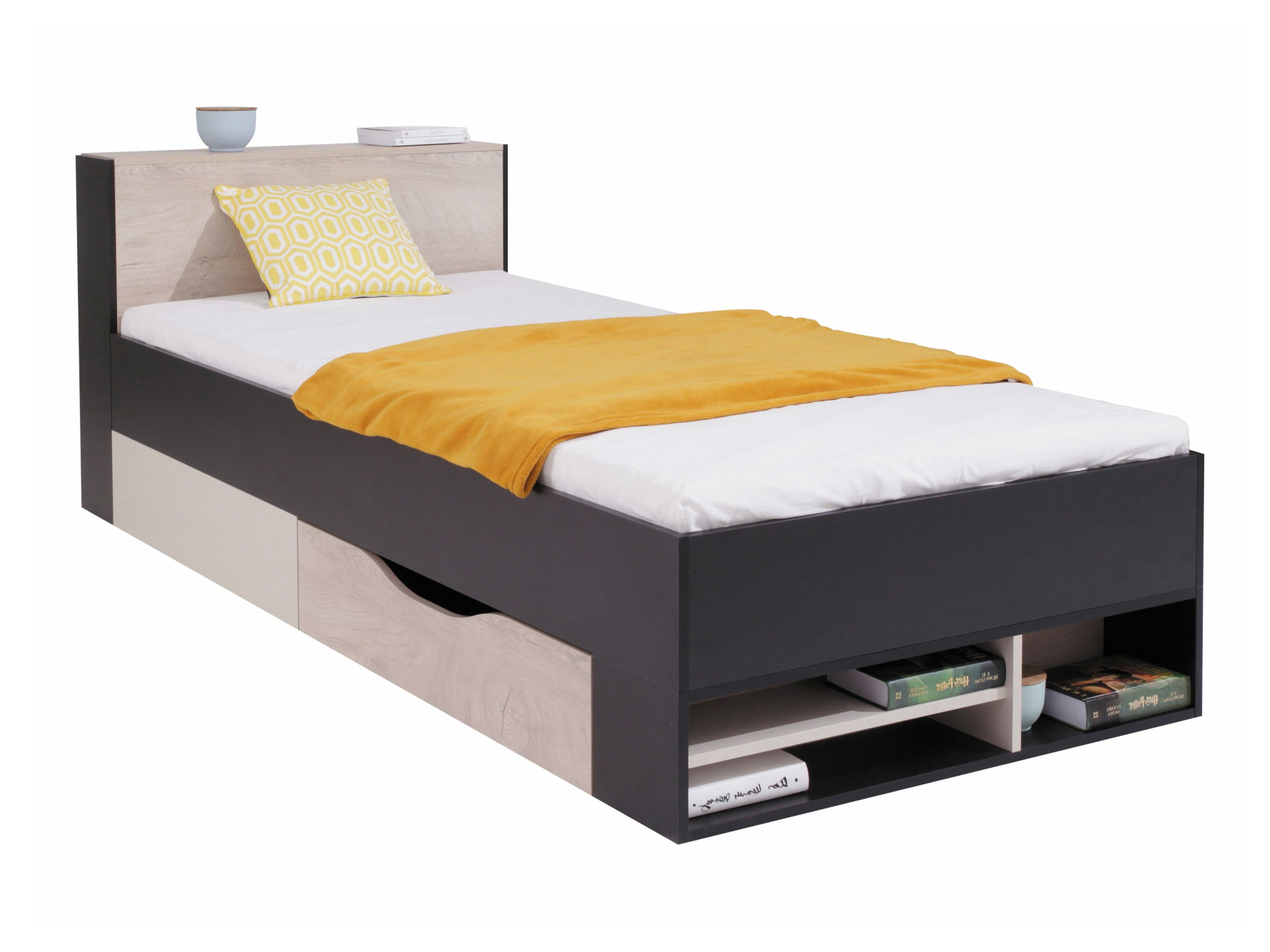 Rúm Camteso 112 (Svartur + Eik + Beige)