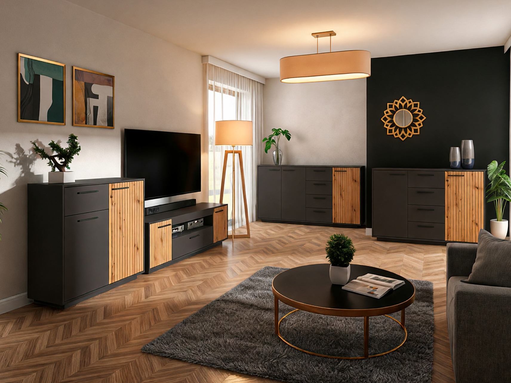 Sjónvarpsskápur Melvelo 103 (Antrasít + Artisan-eik)