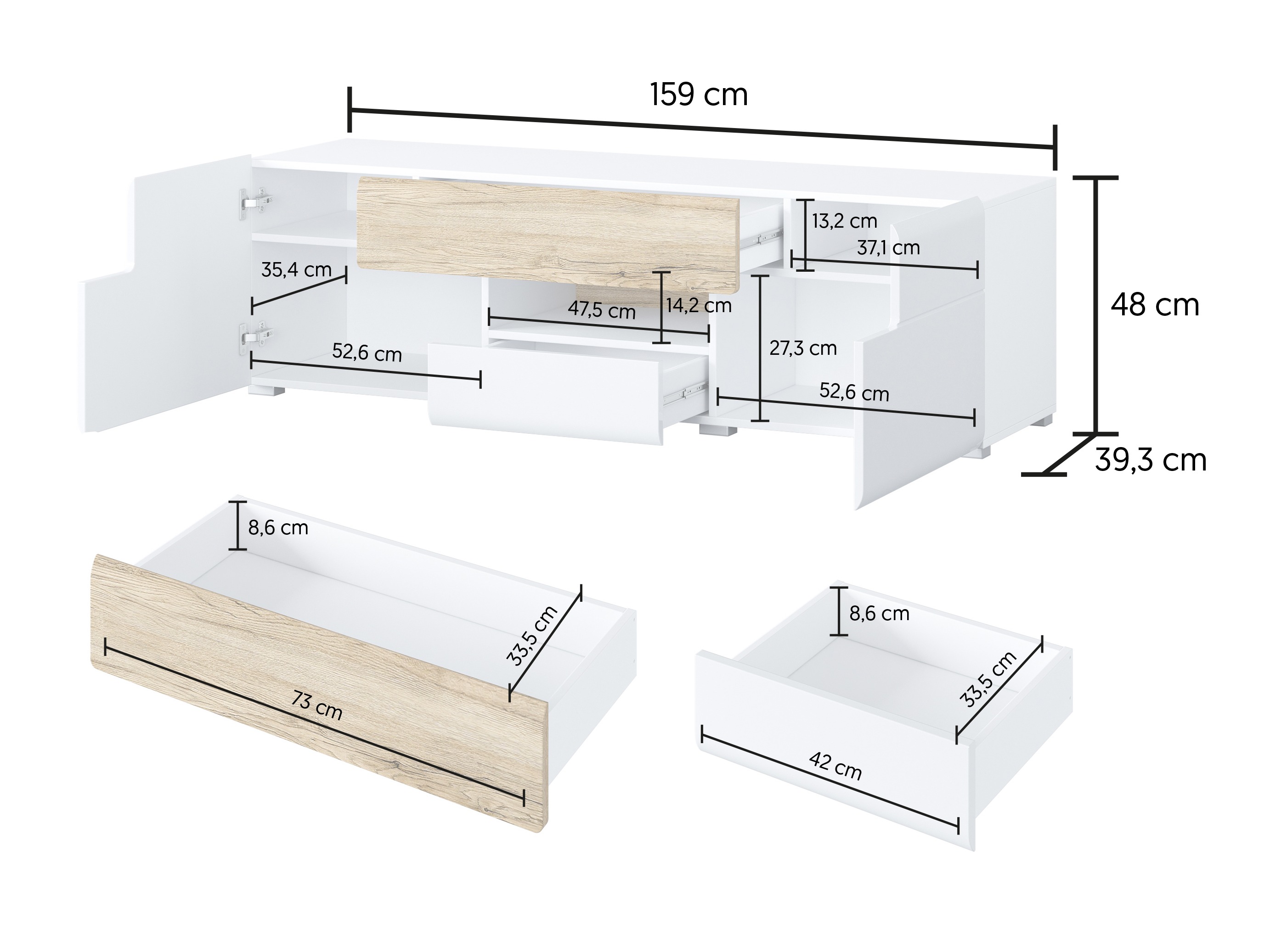 Sjónvarpsskápur Torsone 101 (Hvítur + Hvítt háglans + San Remo-eik)