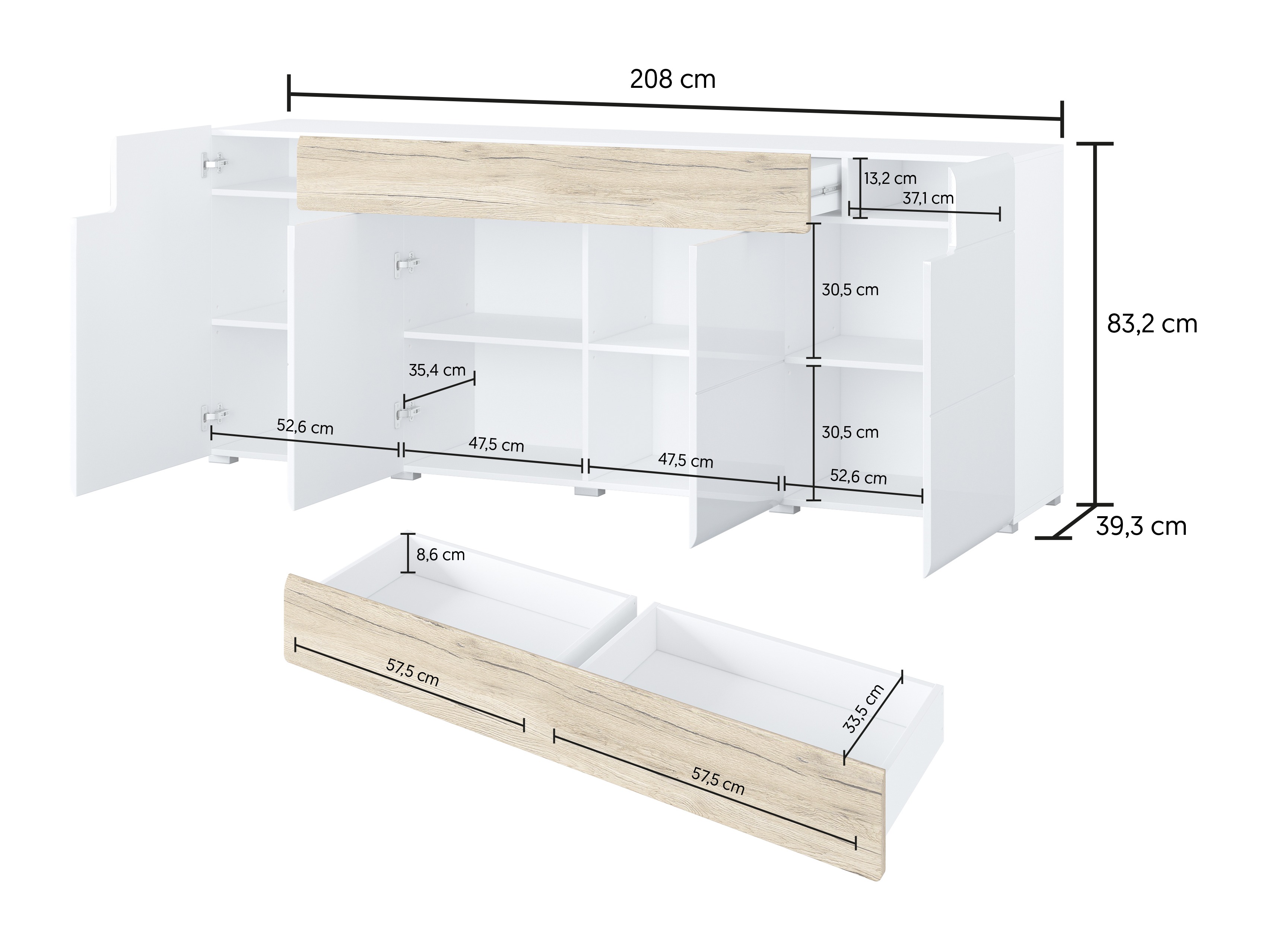 Kommóða Torsone 102 (Hvítur + Hvítt háglans + San Remo-eik)
