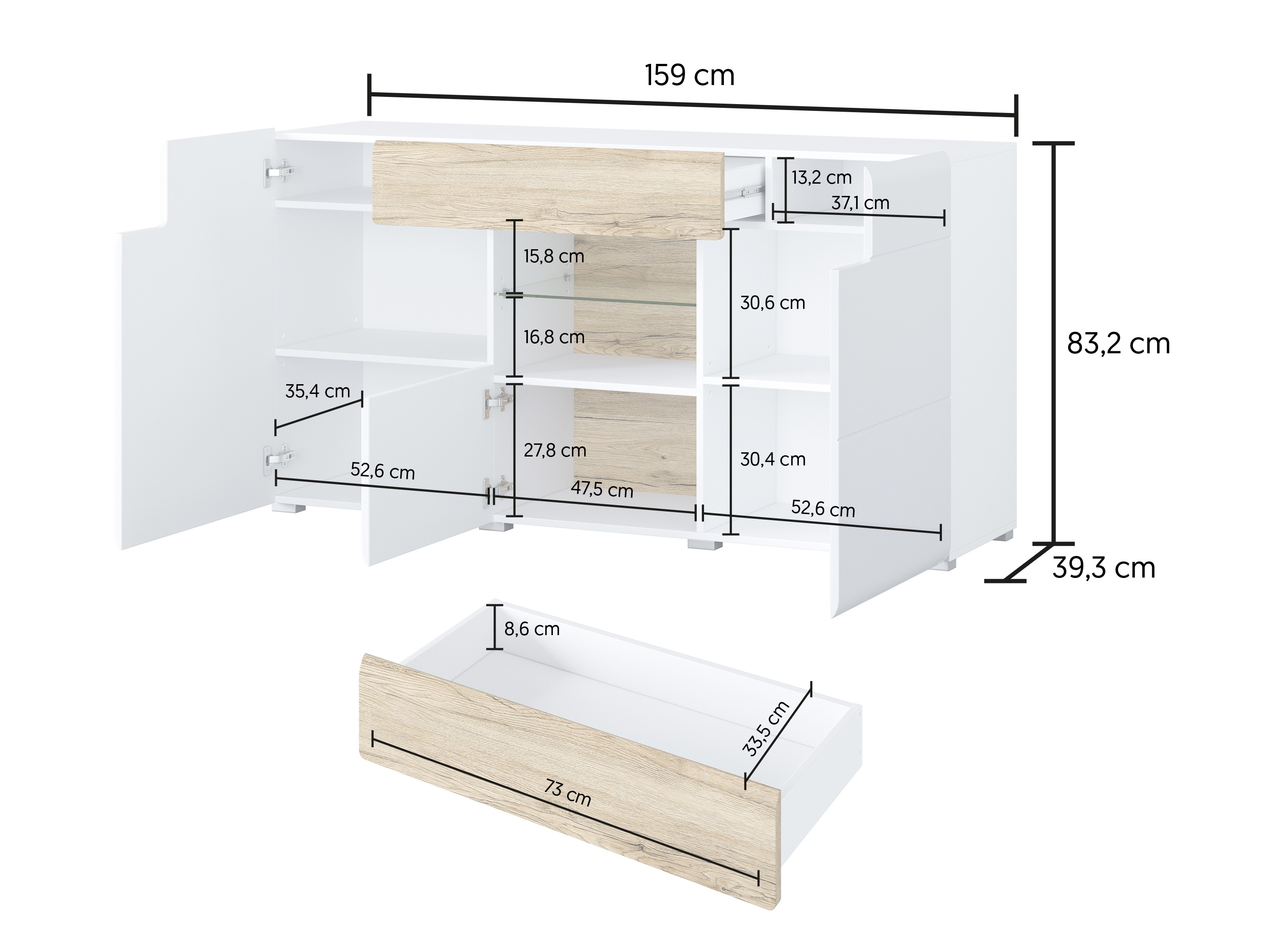 Kommóða Torsone 108 (Hvítur + Hvítt háglans + San Remo-eik)