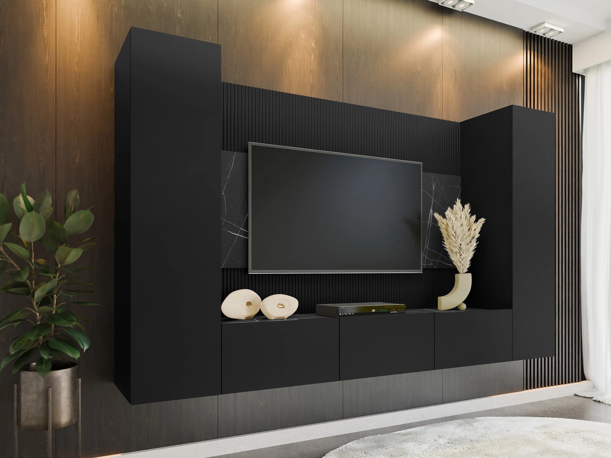 Stofusett Comfivo Salix V (Svartur + Svartur marmari)