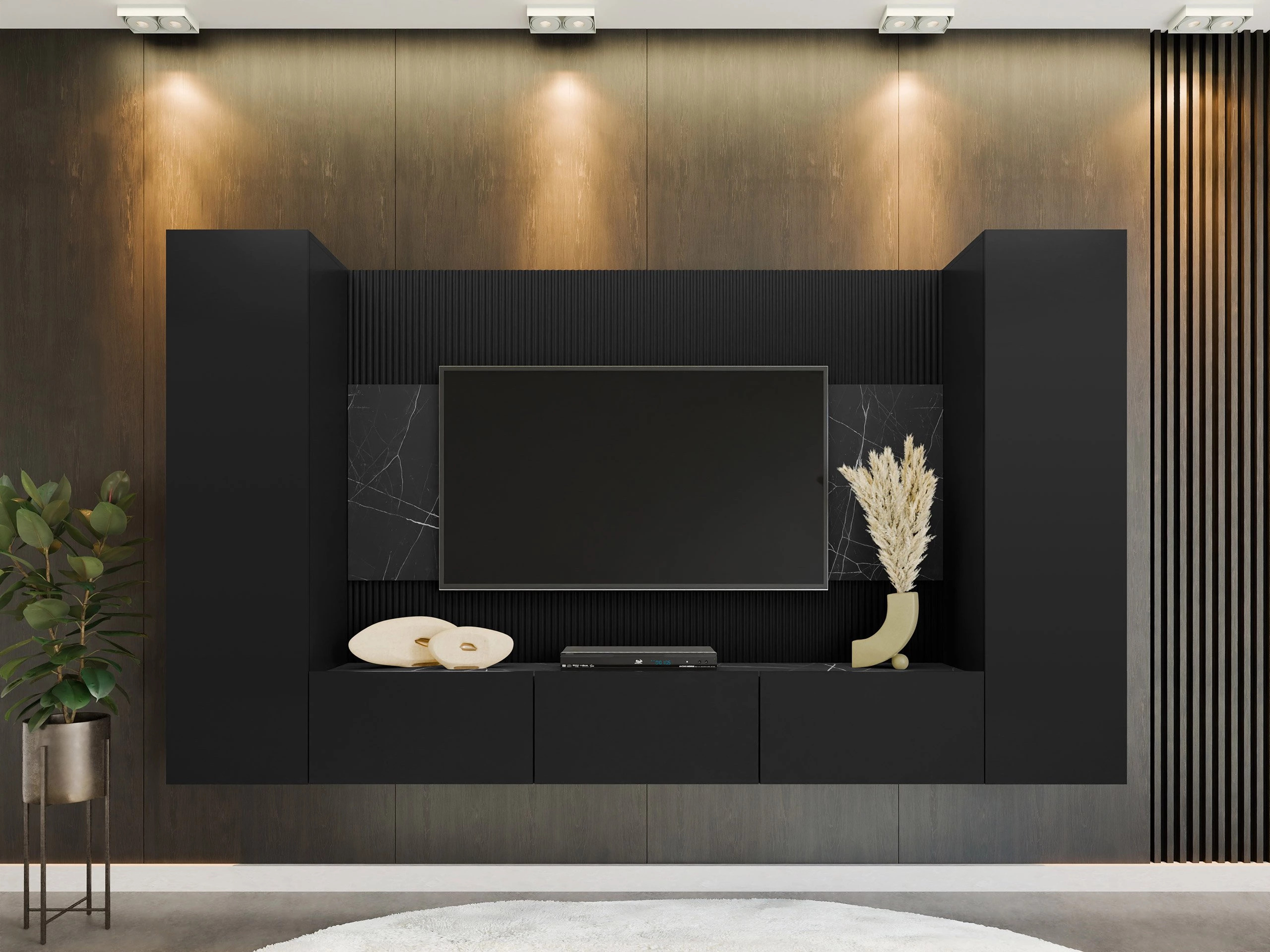 Stofusett Comfivo Salix V (Svartur + Svartur marmari)