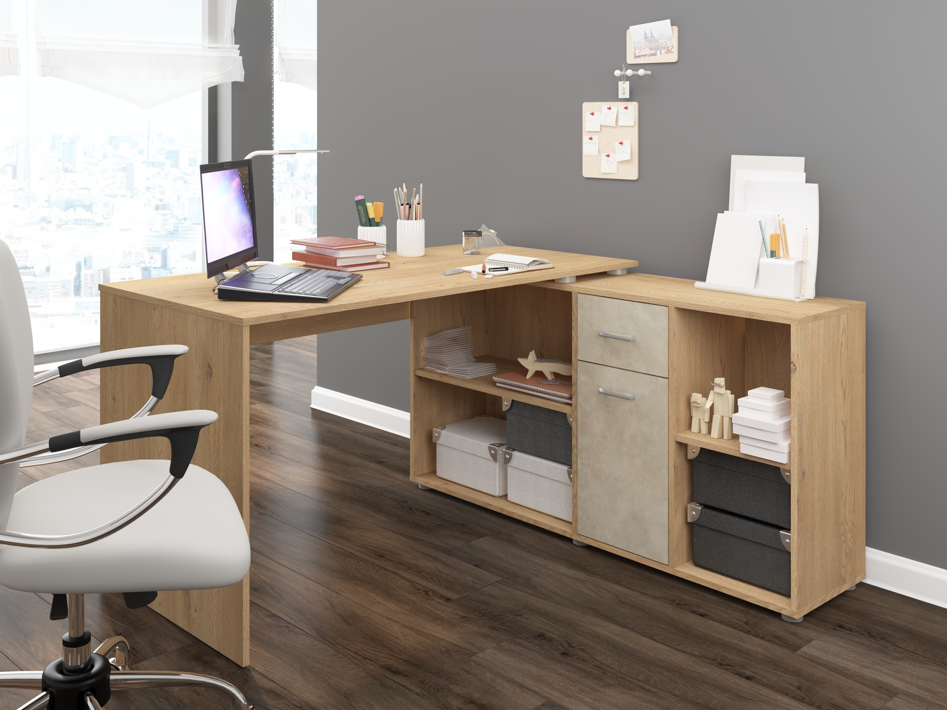 Hornskrifborð Gilroy 113 (Cremona eik + Beige)