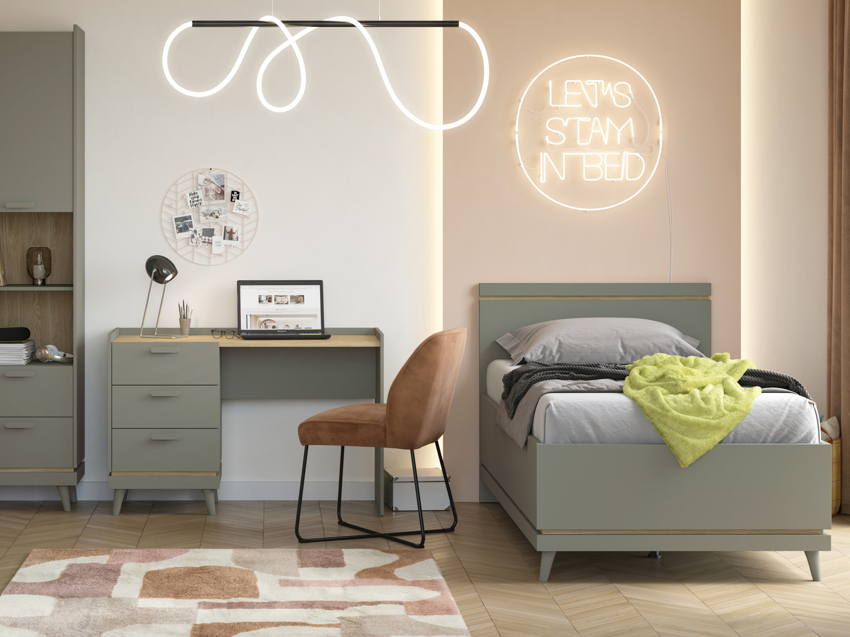 Rúm Fertalu 107 (Grænn + Eik)